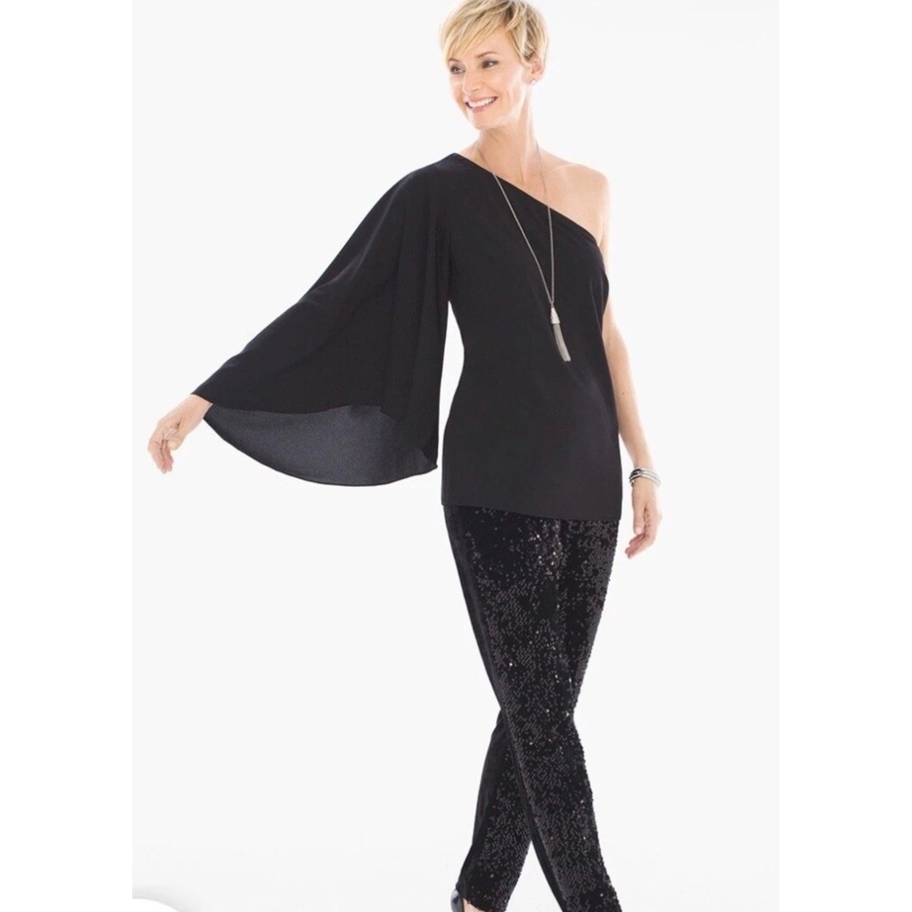 Chicos Black Sequin Ankle Pants Relaxed Pull On Jogger 1.5R US 10R Tuxedo Stripe